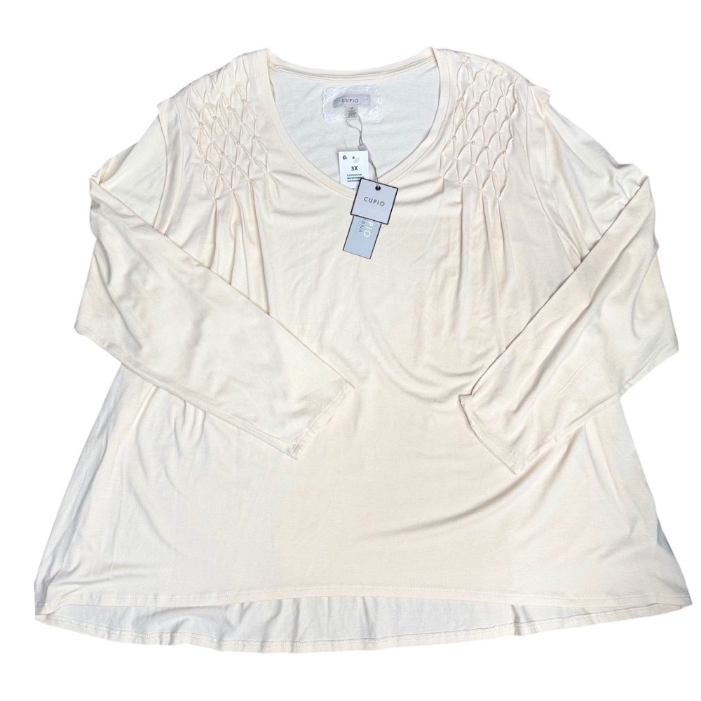 Cupio‎ Smocked Pearl V-Neck Top Women 3X Whisper White Flowy Feminine Soft